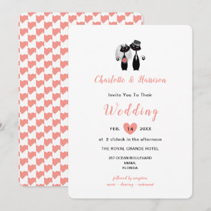 Elegant Wit Koraal Cute Whimsy Zwarte Katten Trouw Kaart