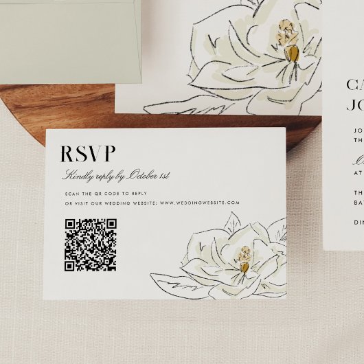 Elegant Wit Magnolia Bruiloft QR Code RSVP Kaartje