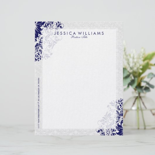 Elegant wit & marineblauw bloemenkant briefhoofd sjabloon (Staand voorkant)