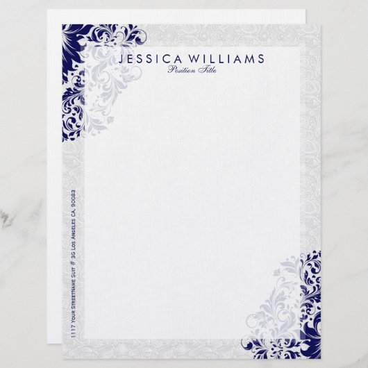 Elegant wit & marineblauw bloemenkant briefhoofd sjabloon (Voorkant / Achterkant)