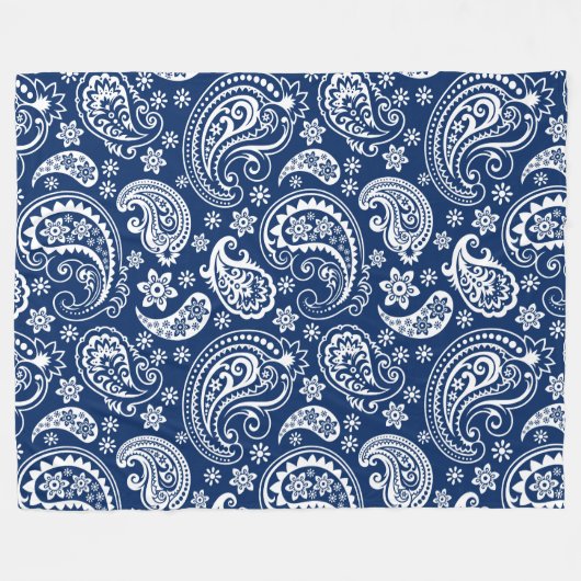 Elegant wit & marineblauw Paisley Patroon Fleece Deken (Voorkant (Horizontaal))