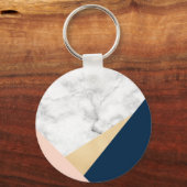 elegant wit marmer goudperzik blauw kleurenblok sleutelhanger (Voorkant)