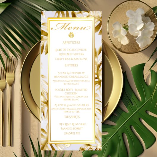 Elegant wit Monstera verguld goud bruiloft menu