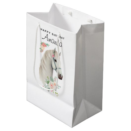 Elegant Wit Paard Boho Bloemen Verjaardag Medium Cadeauzakje (Voorkant Gekanteld)