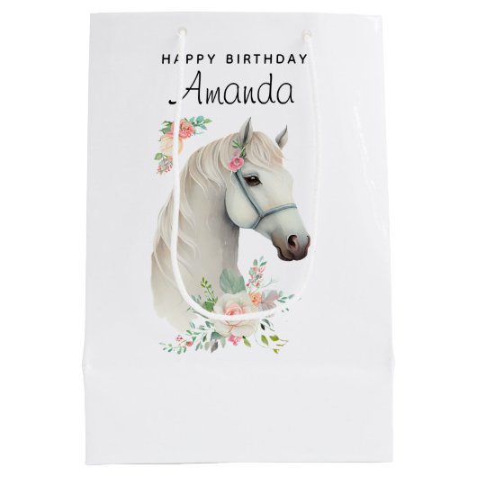 Elegant Wit Paard Boho Bloemen Verjaardag Medium Cadeauzakje (Achterkant)