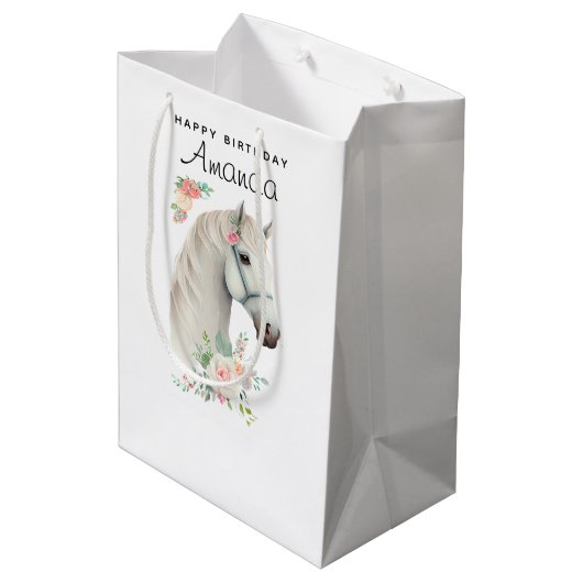 Elegant Wit Paard Boho Bloemen Verjaardag Medium Cadeauzakje (Achterkant Gekanteld)