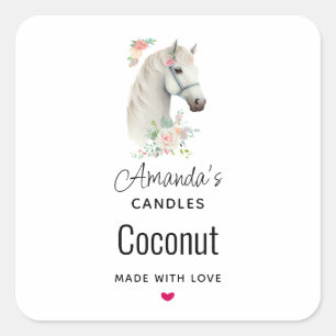 Elegant Wit Paard Boho Bloemenkaars Business Vierkante Sticker