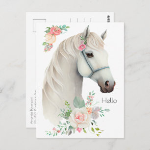 Elegant Wit Paard Boho Floral Briefkaart