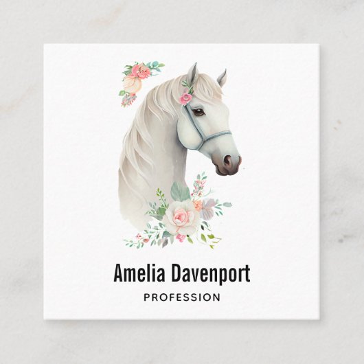 Elegant Wit Paard Boho Floral Vierkante Visitekaartje (Voorkant)