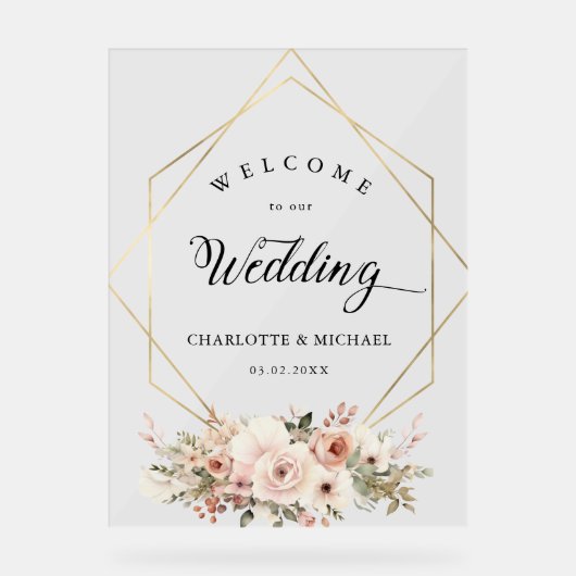 Elegant, wit, pastel, bloem, geometrische bruiloft acryl bord (Voorkant)