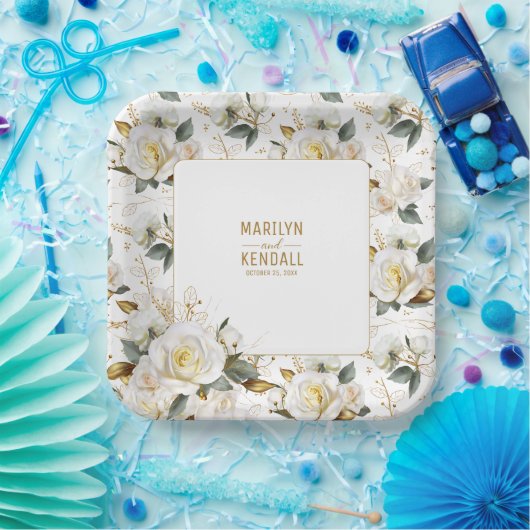 Elegant Wit Rose Goud Romantisch Bloemen Bruiloft Papieren Bordje (Feest)