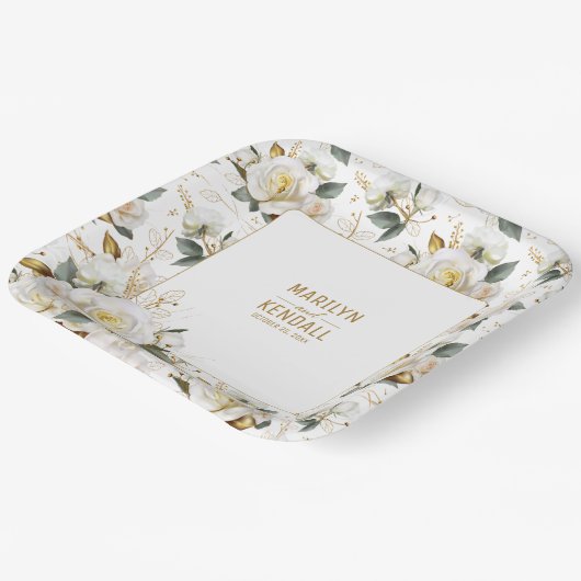 Elegant Wit Rose Goud Romantisch Bloemen Bruiloft Papieren Bordje (Gebogen)
