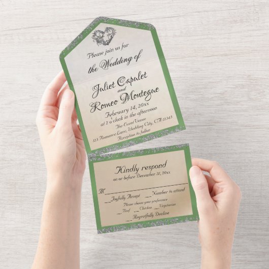 Elegant Wit, Salie Groen Lint, Sparkle & Hart All In One Uitnodiging (Afscheurbaar)