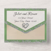 Elegant Wit, Salie Groen Lint, Sparkle & Hart All In One Uitnodiging (Achterkant)