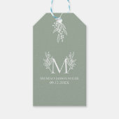 Elegant wit salie-groen monogram pasgetrouwd cadeaulabel (Voorkant)