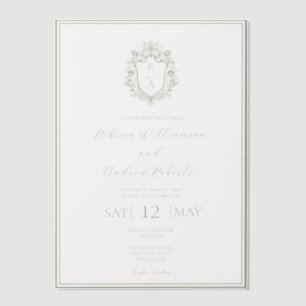 Elegant Wit & Salie Groen Wapen Initiaal Huwelijk Vellum Uitnodigingen