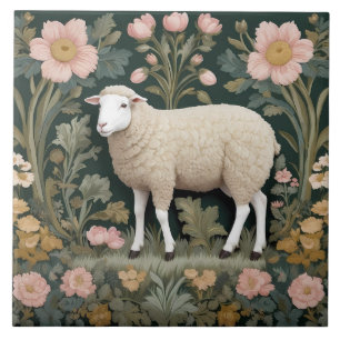 Elegant wit schaap William Morris geïnspireerd Tegeltje