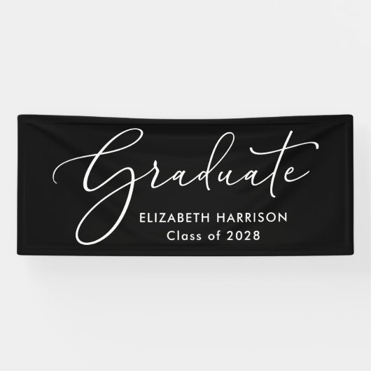 Elegant Wit Schrift Zwart Afstuderen Spandoek (Horizontaal)