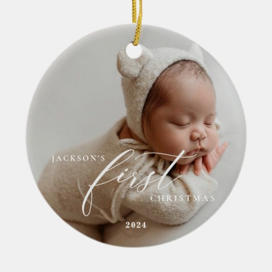 Elegant wit script baby's eerste kerstfoto keramisch ornament (Voorkant)