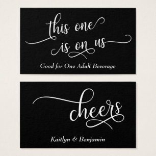 Elegant wit script, bewerkbare zwarte Drink Ticket Visitekaartjes