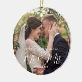 Elegant wit script bruiloft foto keramisch ornament (Links)