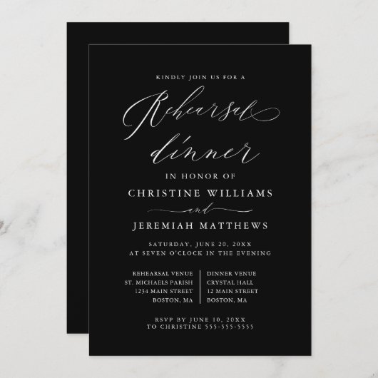 Elegant wit script bruiloft repetitie diner kaart (Voorkant / Achterkant)