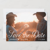 Elegant wit script foto rustiek hout save the date (Voorkant)