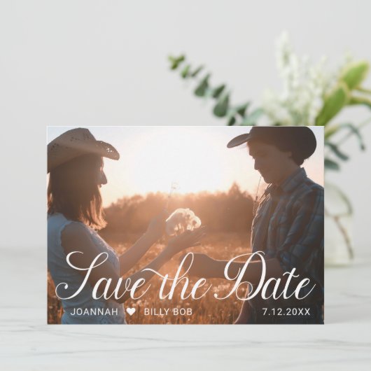 Elegant wit script foto rustiek hout save the date (Staand voorkant)