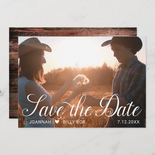 Elegant wit script foto rustiek hout save the date (Voorkant / Achterkant)