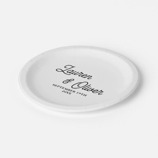 Elegant wit script minimalistische bruiloft papieren bordje (Gekanteld)