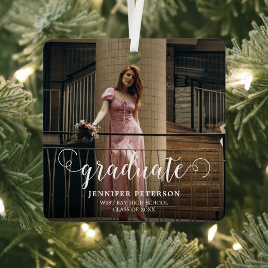 Elegant wit script Modern Photo Afstuderen Metalen Ornament (Insitu)