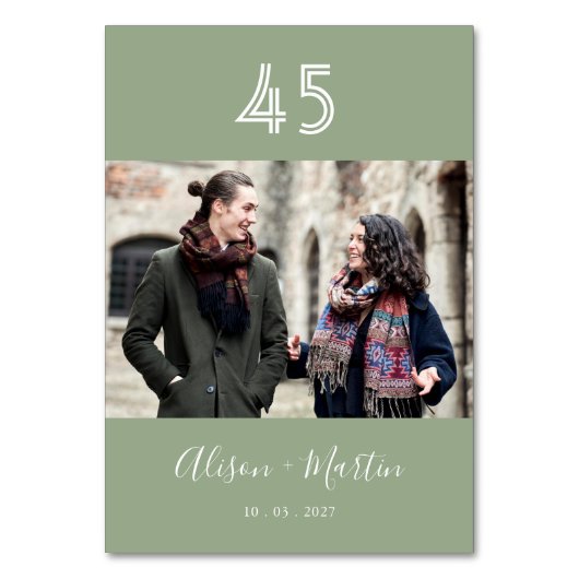 Elegant Wit Script Sage Groen Foto Bruiloft Kaart (Voorkant)