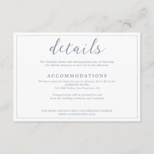 Elegant Wit & Stoffig Blauw Grens Script Bruiloft Informatiekaartje (Voorkant)