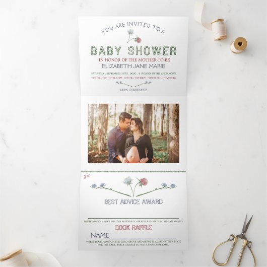 Elegant wit, Wildflower Baby shower Suite Drieluik Uitnodiging (Binnen)