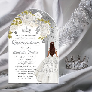 Elegant Wit Zilver Roos Floral Quinceañera Party Acryl Uitnodigingen