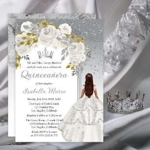 Elegant Wit Zilver Roos Floral Quinceañera Party Kaart