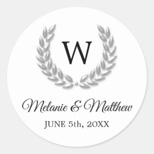 Elegant Wit & Zilveren Laurel Monogram Bruiloft Ronde Sticker