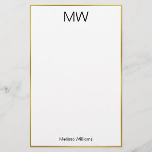 Elegant Wit Zwart en Gouden Rand Naam Monogram Briefpapier