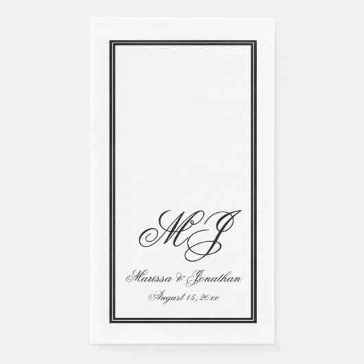 Elegant Wit Zwart Monogram Script Bruiloft Servet (Voorkant)