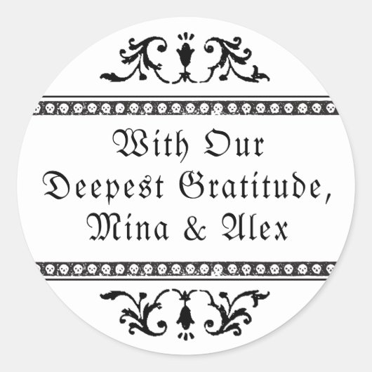 Elegant Wit Zwart  Ornament Gothic Bruiloft Ronde Sticker (Voorkant)