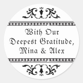 Elegant Wit Zwart  Ornament Gothic Bruiloft Ronde Sticker