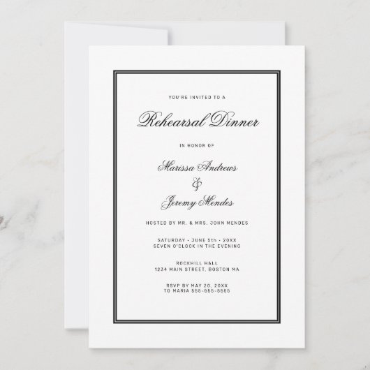 Elegant wit zwart script repetitie diner kaart (Voorkant)