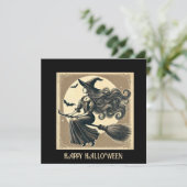 Elegant Witch op Broom Halloween Zwart Kaart (Staand voorkant)