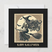 Elegant Witch op Broom Halloween Zwart Kaart (Voorkant)