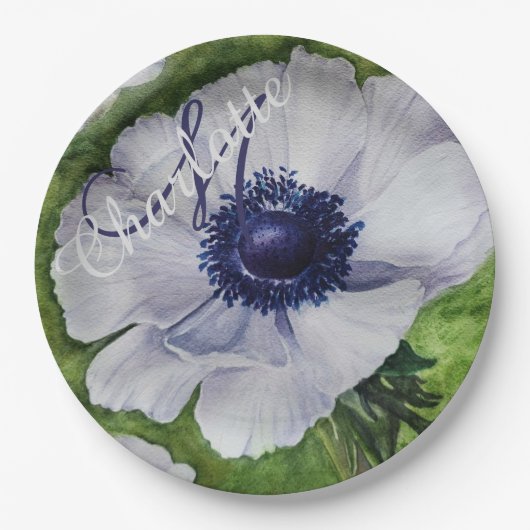 ELEGANT WITTE ANEMONE MONOGRAM FEESTJE PAPIEREN BORDJE (Voorkant)
