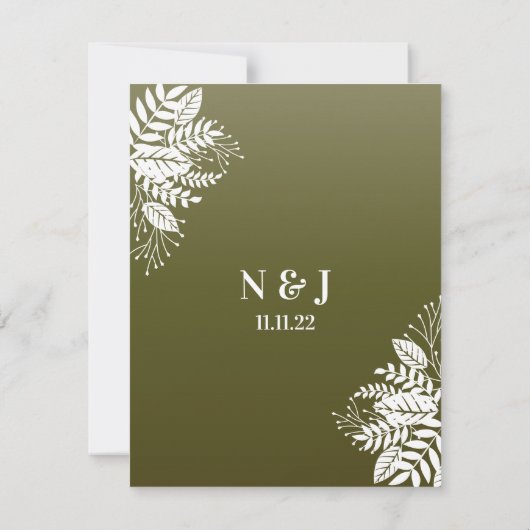 Elegant witte bladeren, olijfgroen save the date (Achterkant)