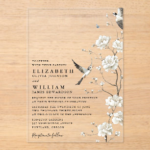 Elegant Witte Chinoiserie Bloemrijke Tuin Bruiloft Acryl Uitnodigingen