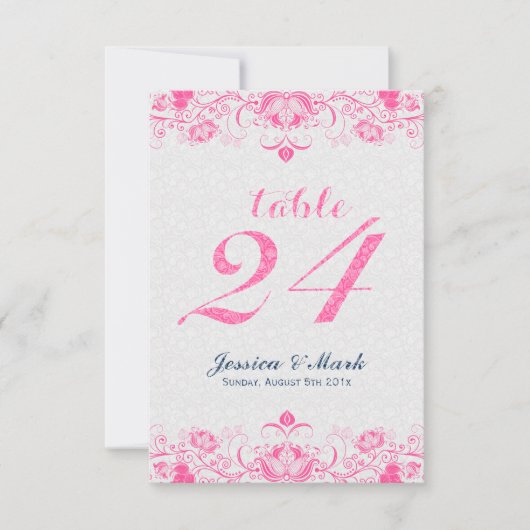 Elegant Witte Damast & Roze Bloemenkant 2 Kaart (Voorkant)