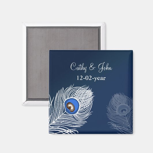 Elegant witte en blauwe pauw bewaar de datum magneet (Voorkant / Achterkant)