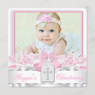 Elegant Witte Kruis Roze Foto Doop Kaart